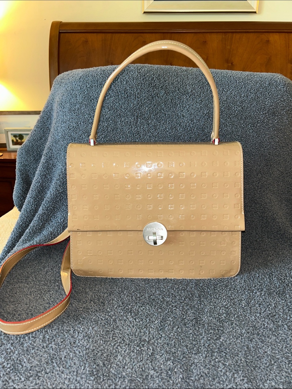 Arcadia Beige Glossy Patent Top-Handle Satchel Silver Turn-Lock & crossbody stra